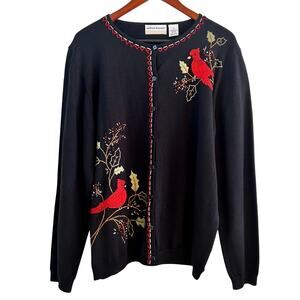 Alfred Dunner Cardigan Womens 1X Plus Black Wool Blend Cardinal Embroidered